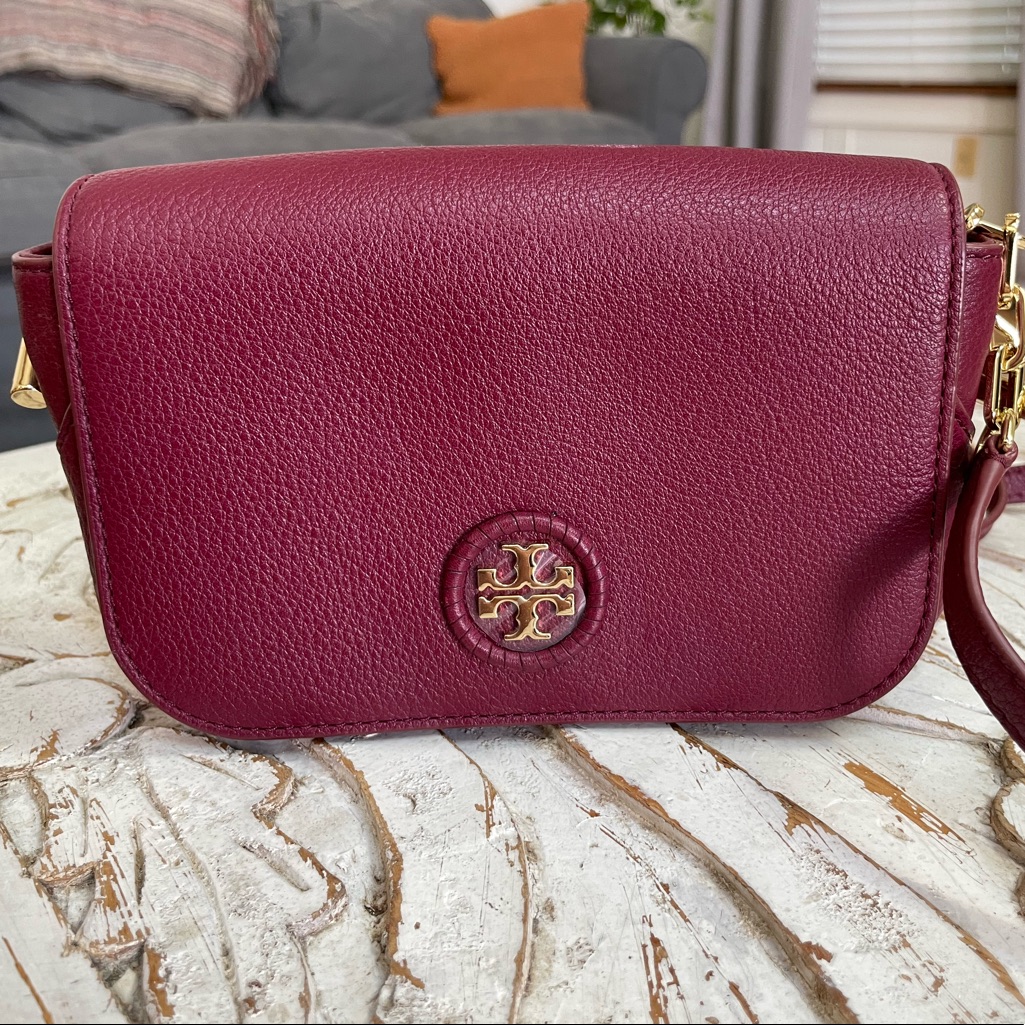 Tory Burch Whipstitch Logo Maroon Crossbody Mini Purse Like New